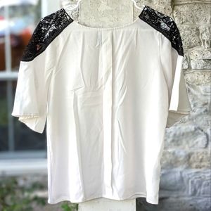 Cream Blouse with Black Lace Shoulders